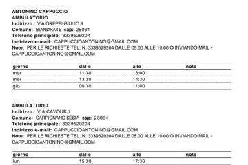 Ambulatorio Cappuccino

Ambulatorio
indirizzo: Via Greppi Giulio 9
Comune: Biandrate cap: 28061
Telefono principale: 3339529204
indirizzo email: cappuccinoantonino@gmail.com
note: per le richieste tel. 3339529204 dalle 06.00 alle 10.00 inviandeo email: cappuccinoantonino@gmail.com

mar 11.30 - 13.00
mer 13.30 - 14.30
gio 9.30 - 11.00

Ambulatorio
indirizzo: Via Cavour 2
Comune: Carpignano Sesia cap: 28064
Telefono principale: 3339529204
indirizzo email: cappuccinoantonino@gmail.com
note: per le richieste tel. 3339529204 dalle 06.00 alle 10.00 inviandeo email: cappuccinoantonino@gmail.com